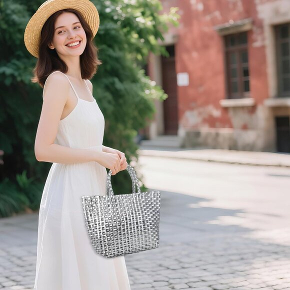 Luxury Vegan Leather Woven Handbag - Small Silver Tote for Parties & Casual Use - Picture 5 of 5